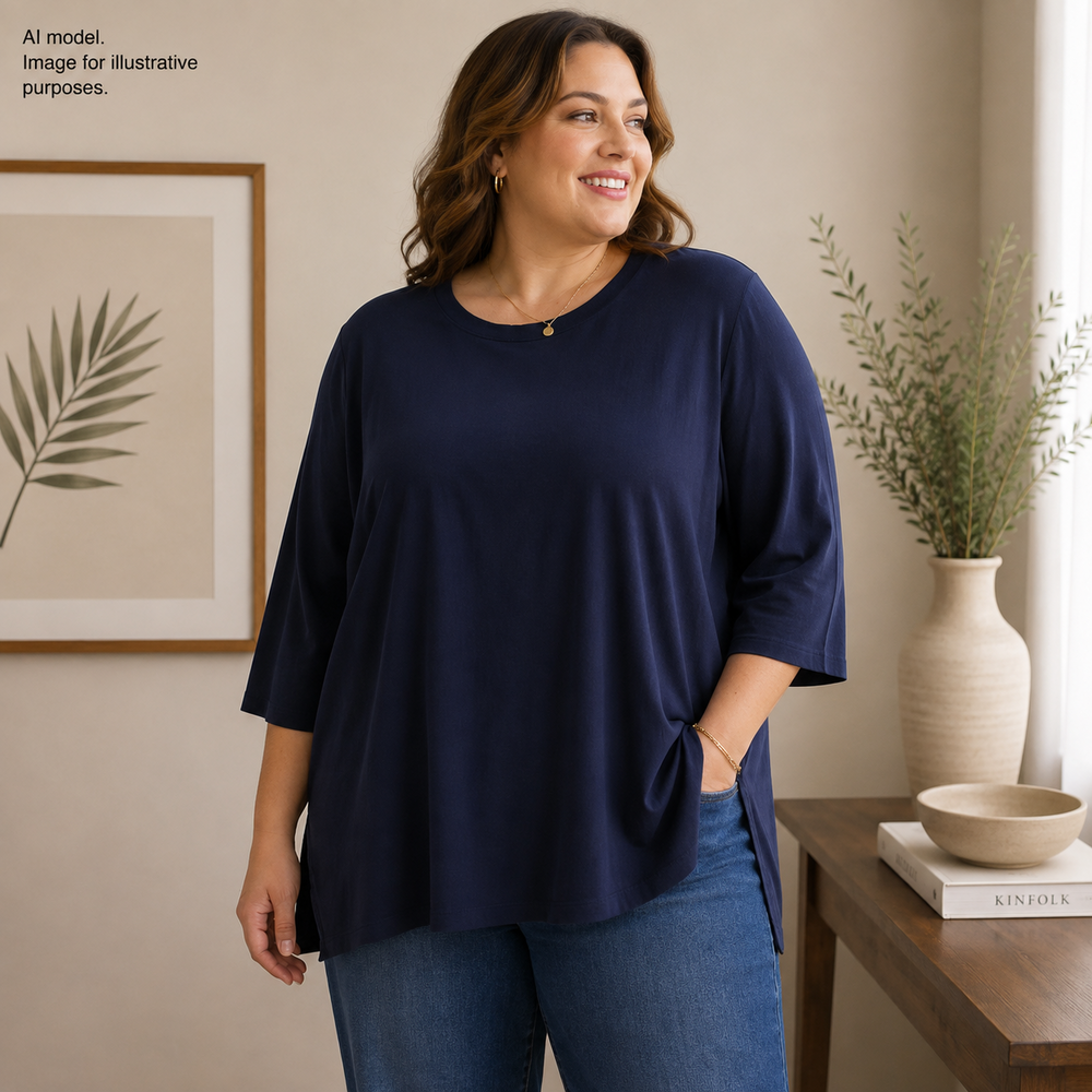 Lands End Shirt Womens 2X Navy Blue 3/4 Sleeve Tunic 100% Cotton Top Plus Size